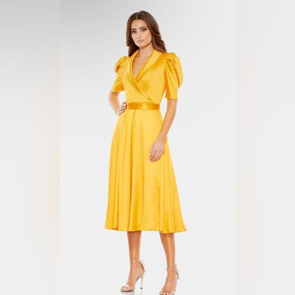 Mac Duggal Ieena NWT Puff Sleeve Satin Tea Elegant Marigold A Line Midi Dress 2 - Picture 1 of 13